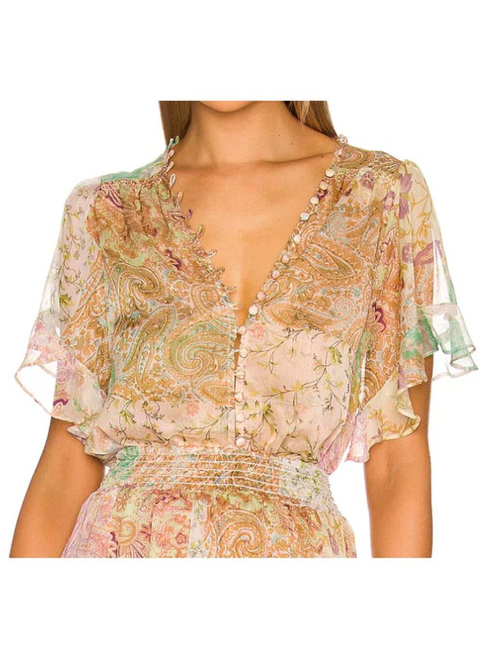 MISA Los Angeles Para Chiffon Button Up Top, S, Printemps Patchwork